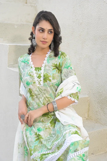 Green Floral Printed Cotton Suit Set with Mulmul Dupatta – 3 Piece Summer Ensemble - Qurbat