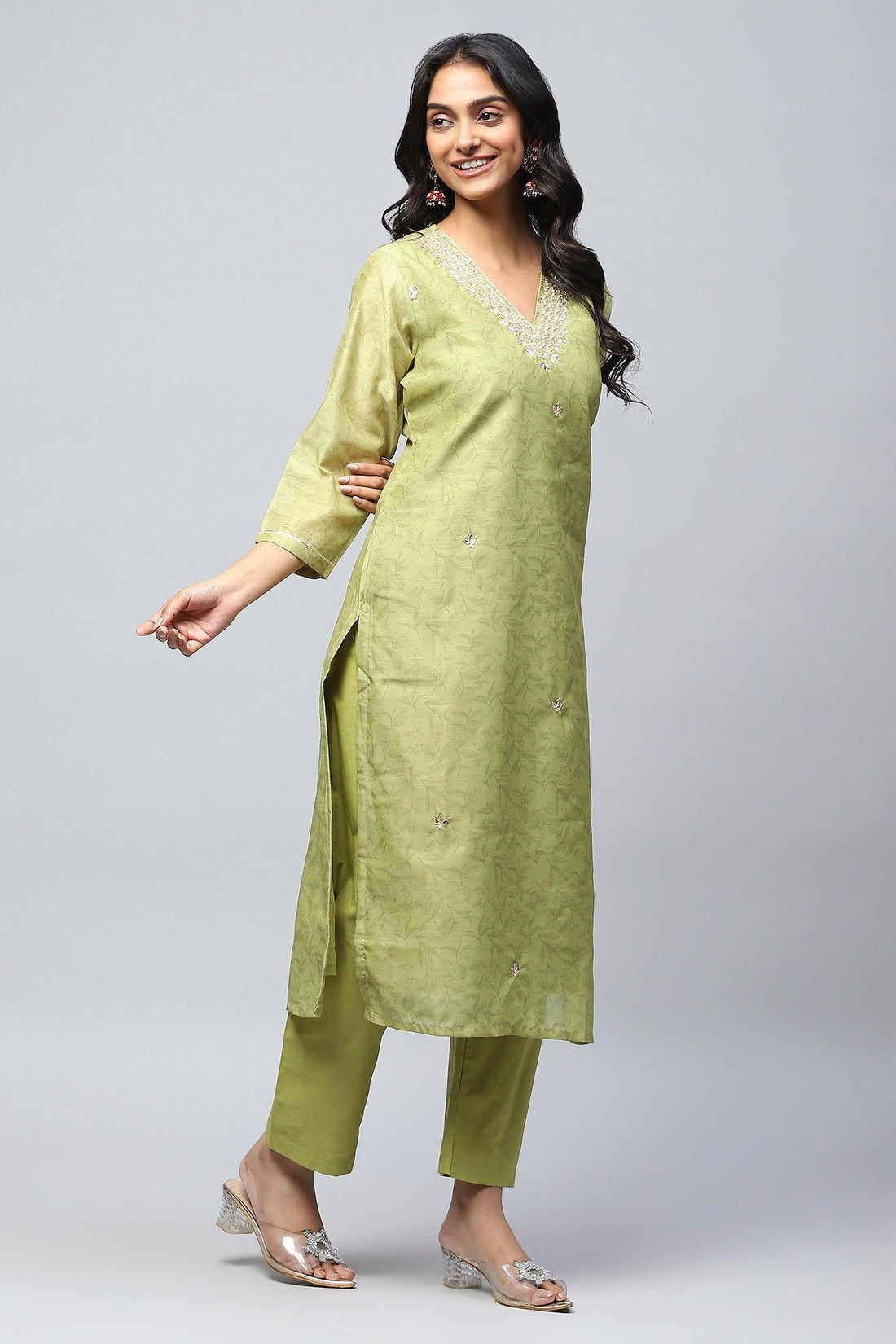 Green Printed Suit Set for Women with Hand Embroidery - Qurbat