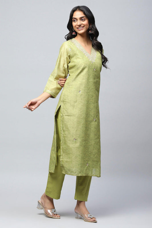Green Printed Suit Set for Women with Hand Embroidery - Qurbat