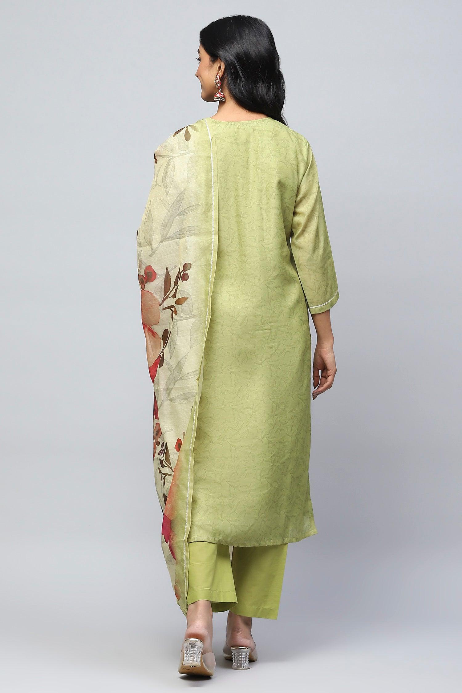 Green Printed Suit Set for Women with Hand Embroidery - Qurbat