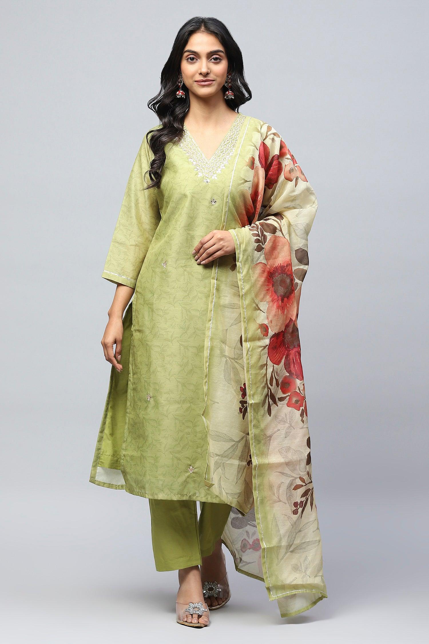 Green Printed Suit Set for Women with Hand Embroidery - Qurbat