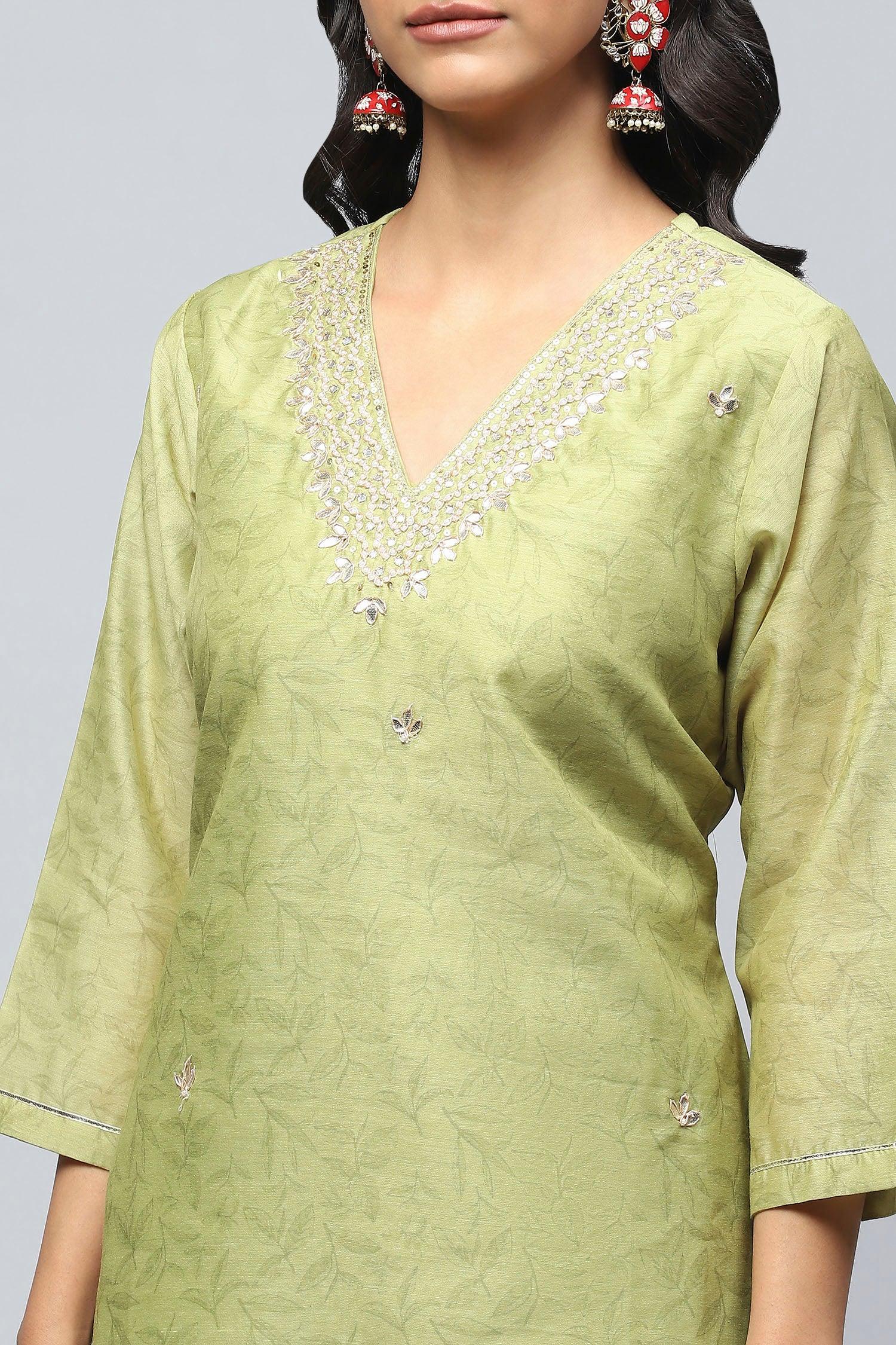 Green Printed Suit Set for Women with Hand Embroidery - Qurbat