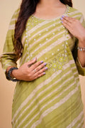 Green Striped Embroidered 2 - piece Kurta Set - Qurbat
