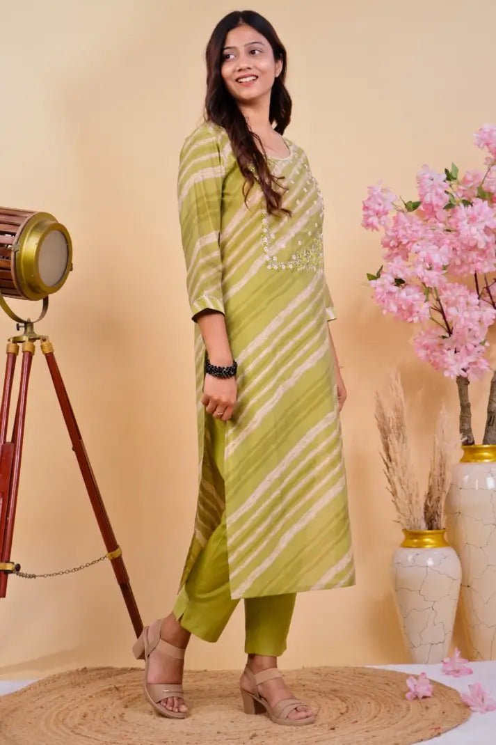 Green Striped Embroidered 2 - piece Kurta Set - Qurbat