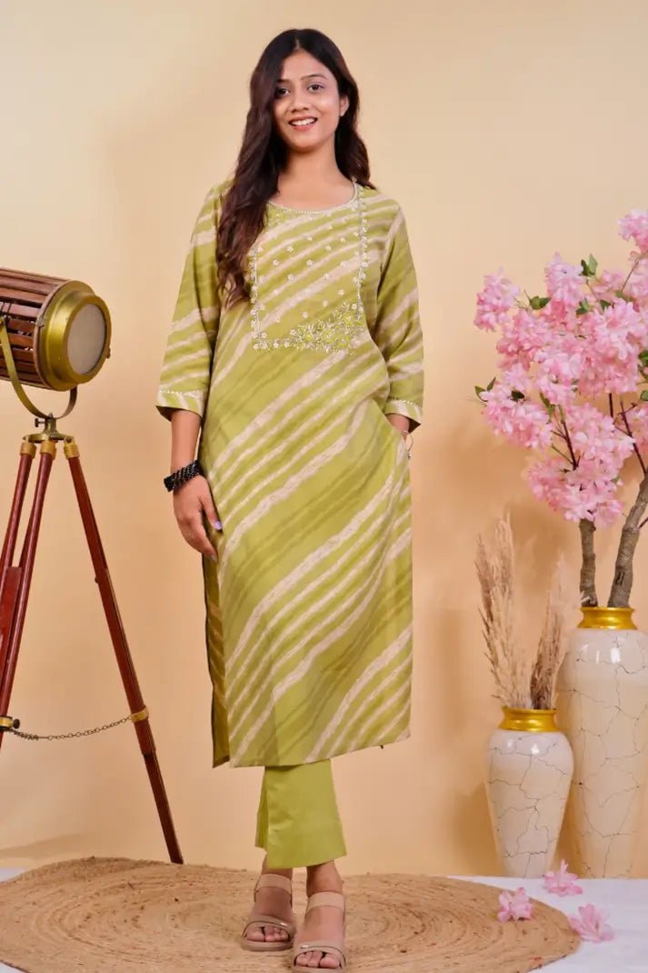 Green Striped Embroidered 2 - piece Kurta Set - Qurbat