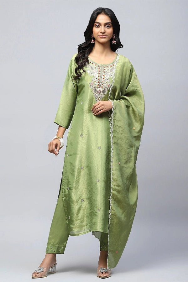 Green Suit Set with Neck Embroidery for Women – Elegant & Traditional