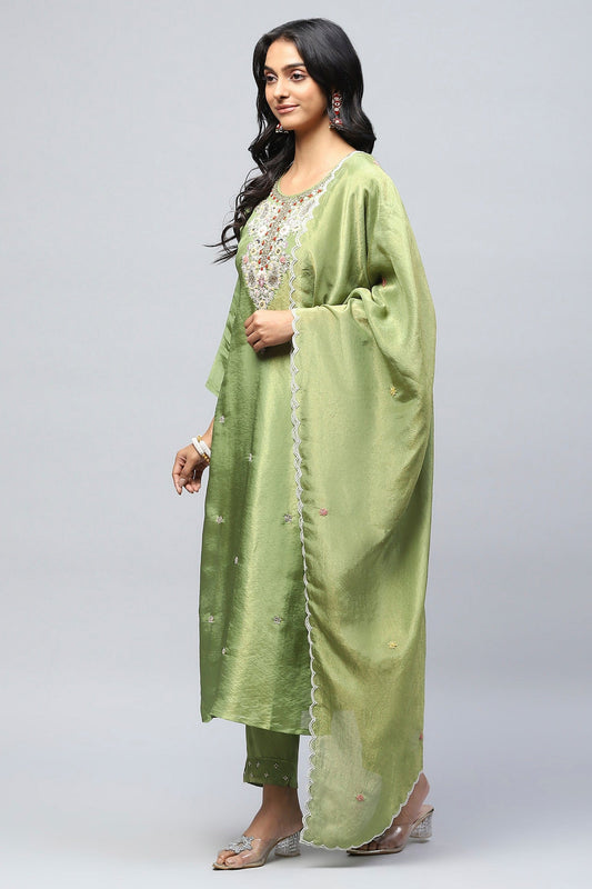Green Suit Set with Neck Embroidery for Women – Elegant & Traditional - Qurbat