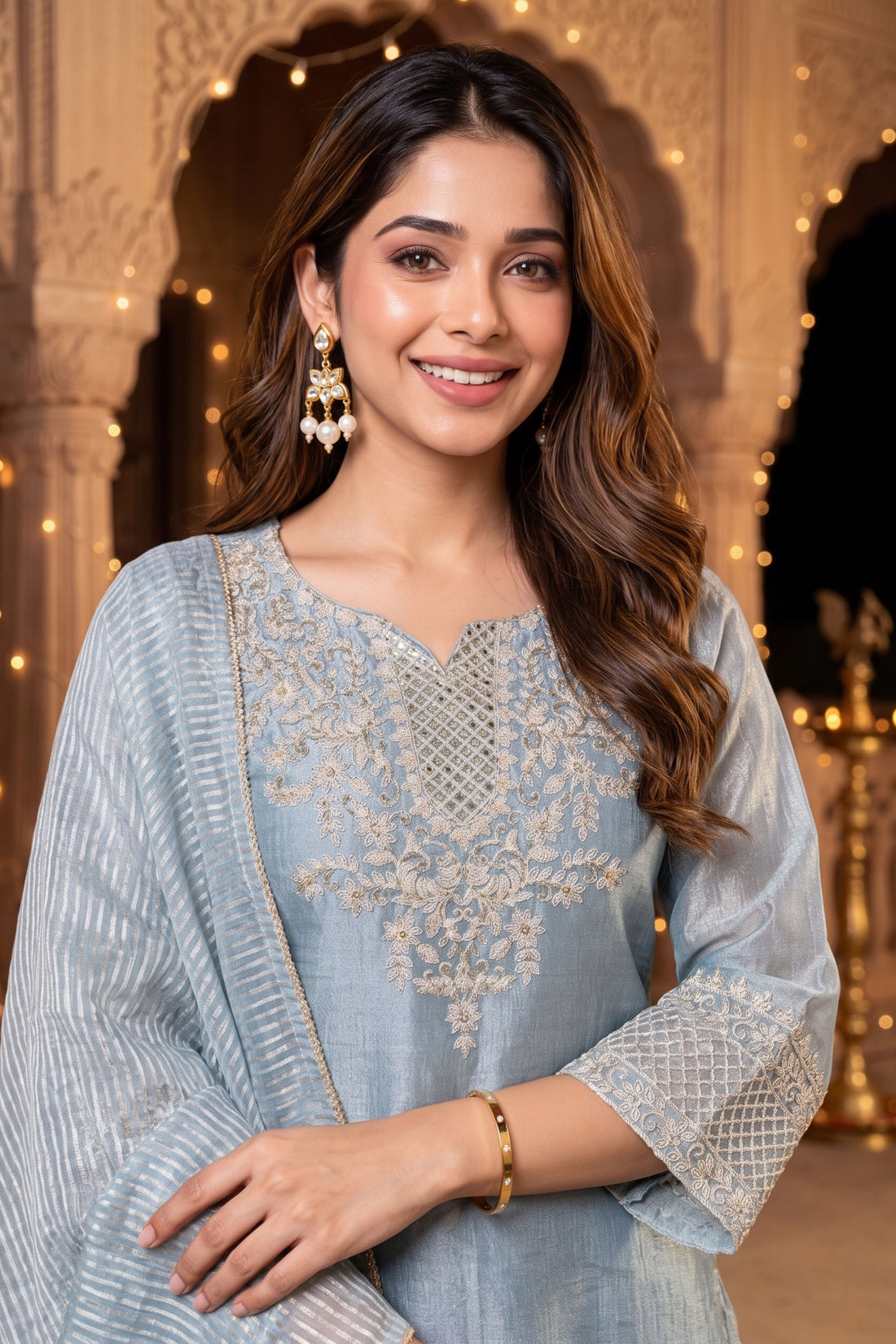 Grey with Tissue Fabric Embroidered Straight Kurta with Trousers & Dupatta