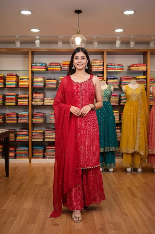 Timeless  Red  Bandhani Print Sharara Set with Dupatta