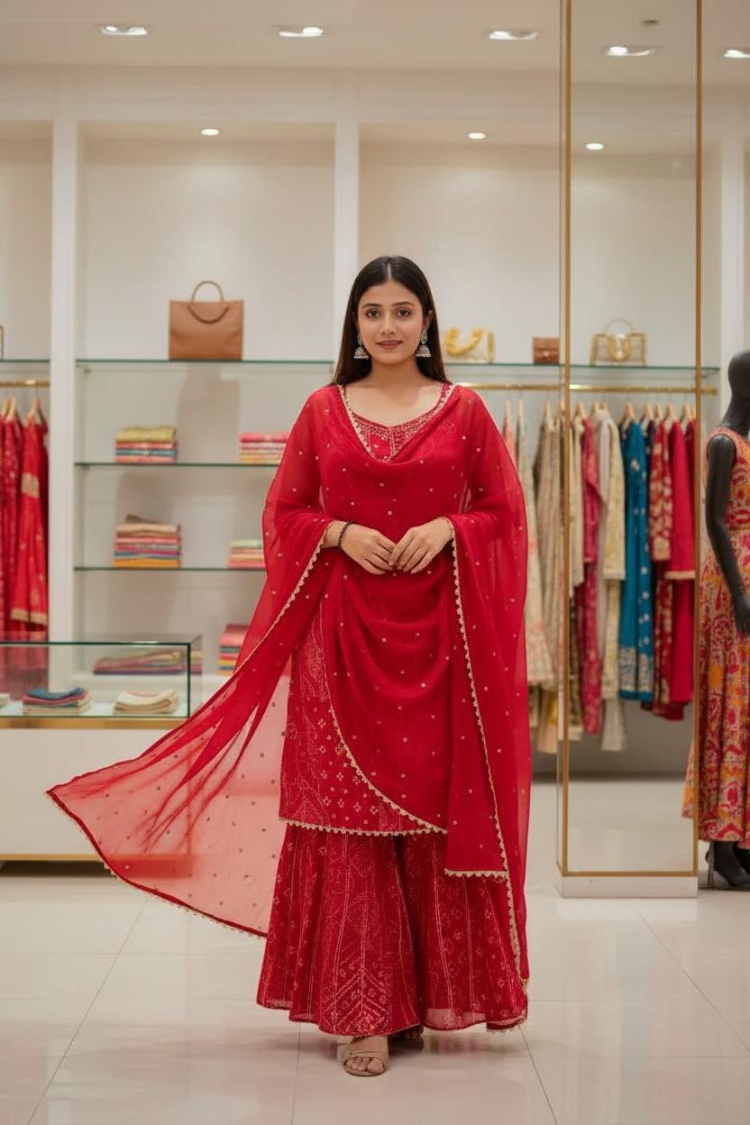 Timeless  Red  Bandhani Print Sharara Set with Dupatta
