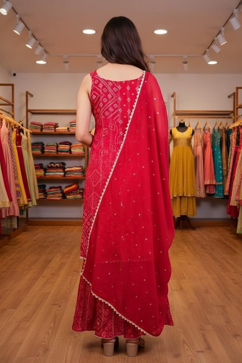 Timeless  Red  Bandhani Print Sharara Set with Dupatta