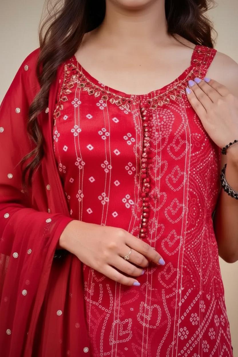 Timeless  Red  Bandhani Print Sharara Set with Dupatta