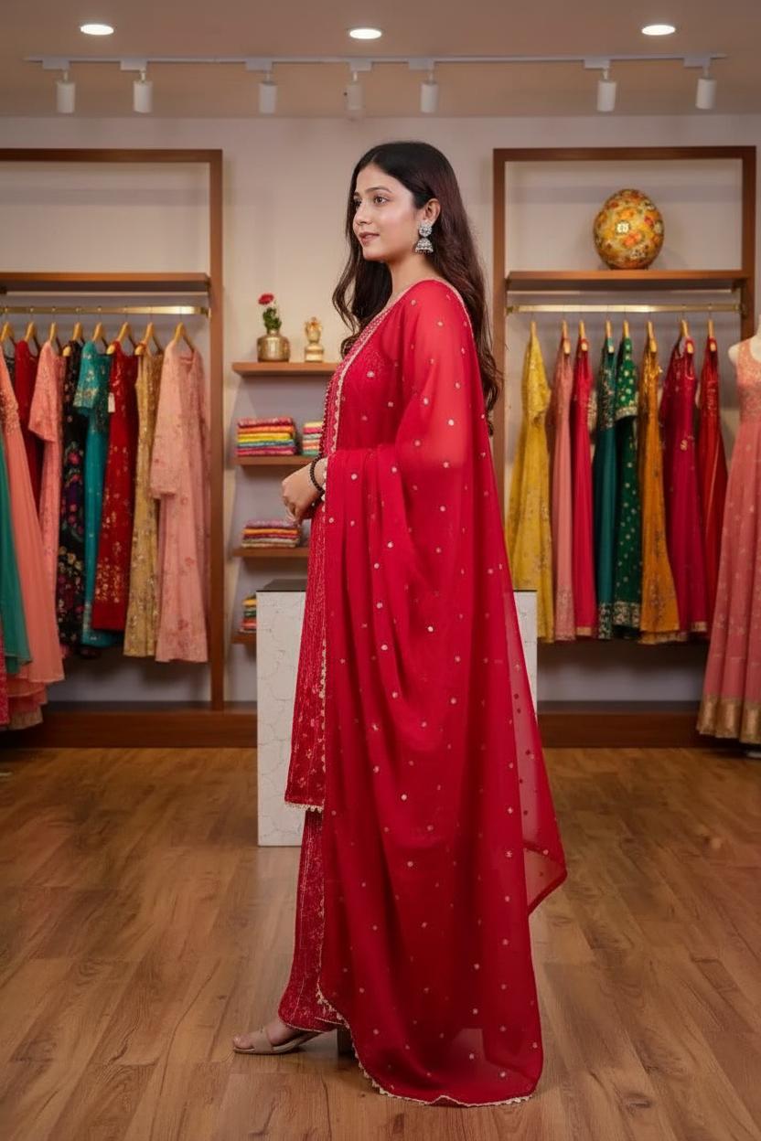 Timeless  Red  Bandhani Print Sharara Set with Dupatta