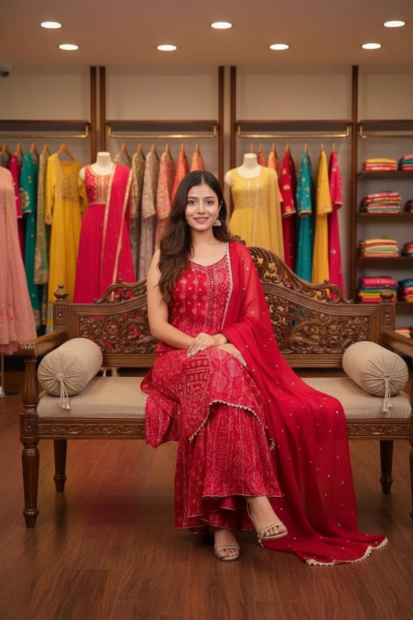 Timeless  Red  Bandhani Print Sharara Set with Dupatta