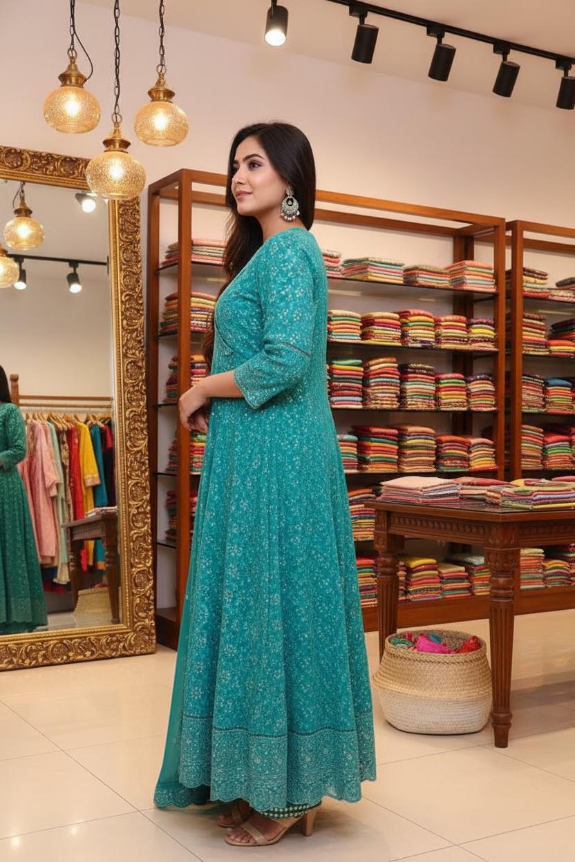 Sea Green Angrakha-Style Embroidered Cut Anarkali Set