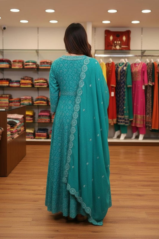 Sea Green Angrakha-Style Embroidered Cut Anarkali Set