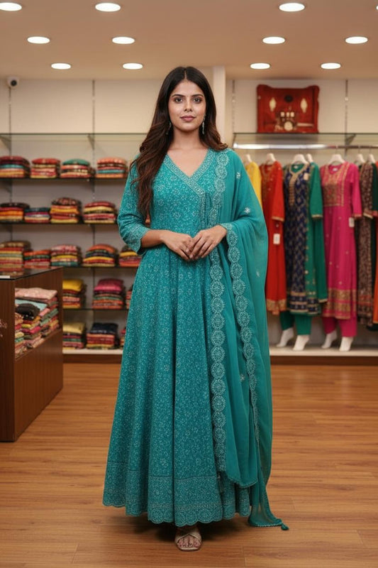 Sea Green Angrakha-Style Embroidered Cut Anarkali Set