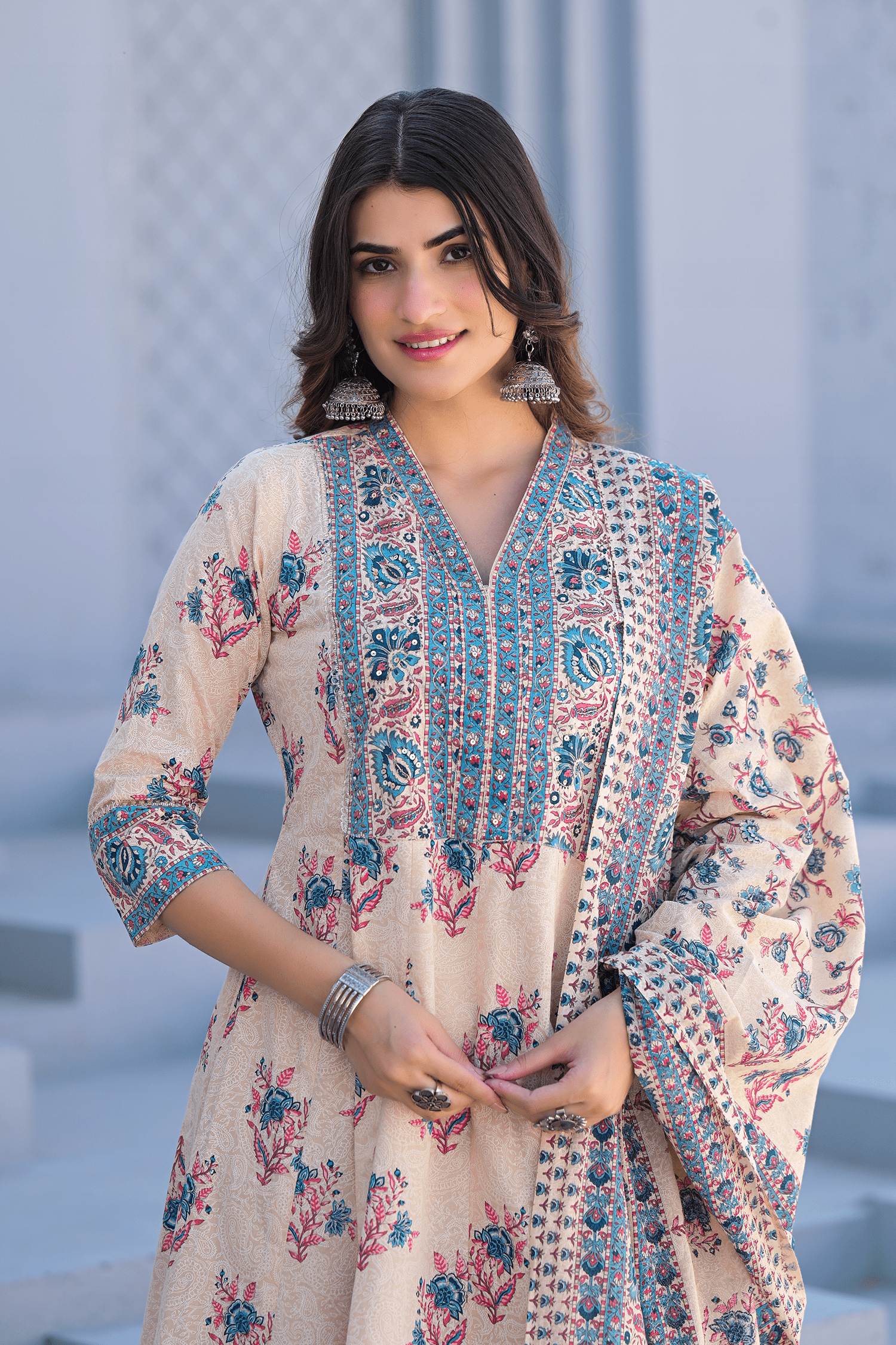 Ivory Bloom Printed Anarkali Suit Set - Qurbat
