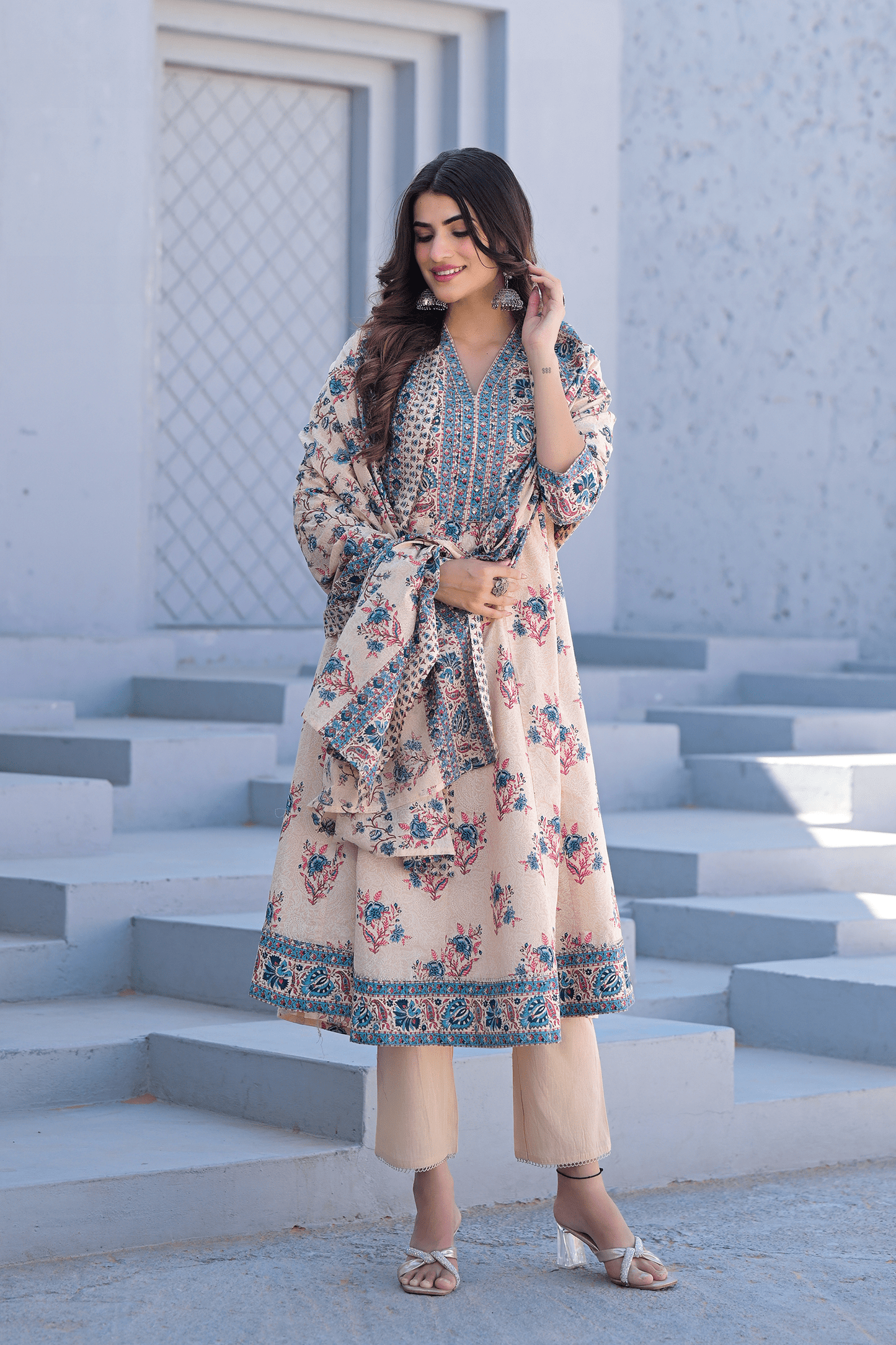 Ivory Bloom Printed Anarkali Suit Set - Qurbat