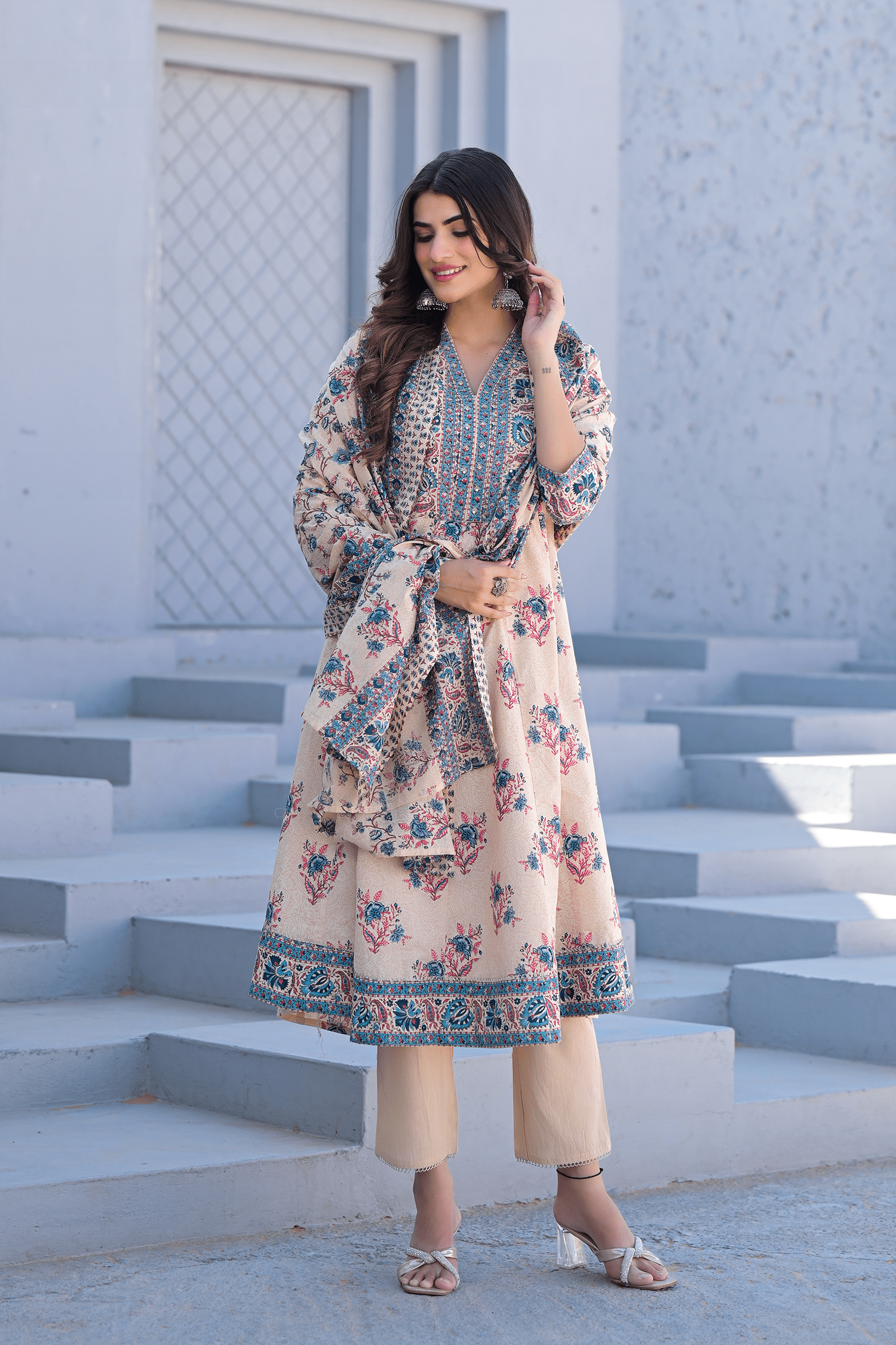Ivory Bloom Printed Anarkali Suit Set - Qurbat