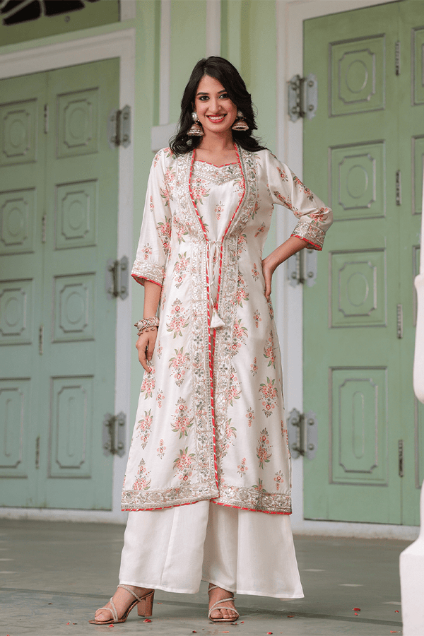Ivory Chanderi Silk Floral Printed Shrug Set
