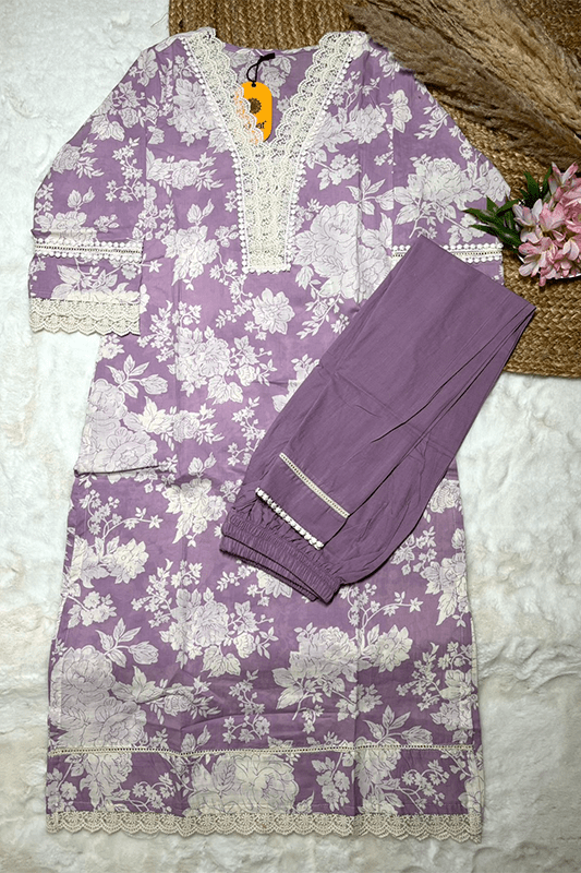 Lavender Floral Cotton Kurta Set with Crochet Lace Detailing – 2PC Set - Qurbat