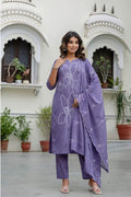Lavender Hand - Embroidered Cotton Kurta Set with Matching Dupatta – 3 Piece Set - Qurbat