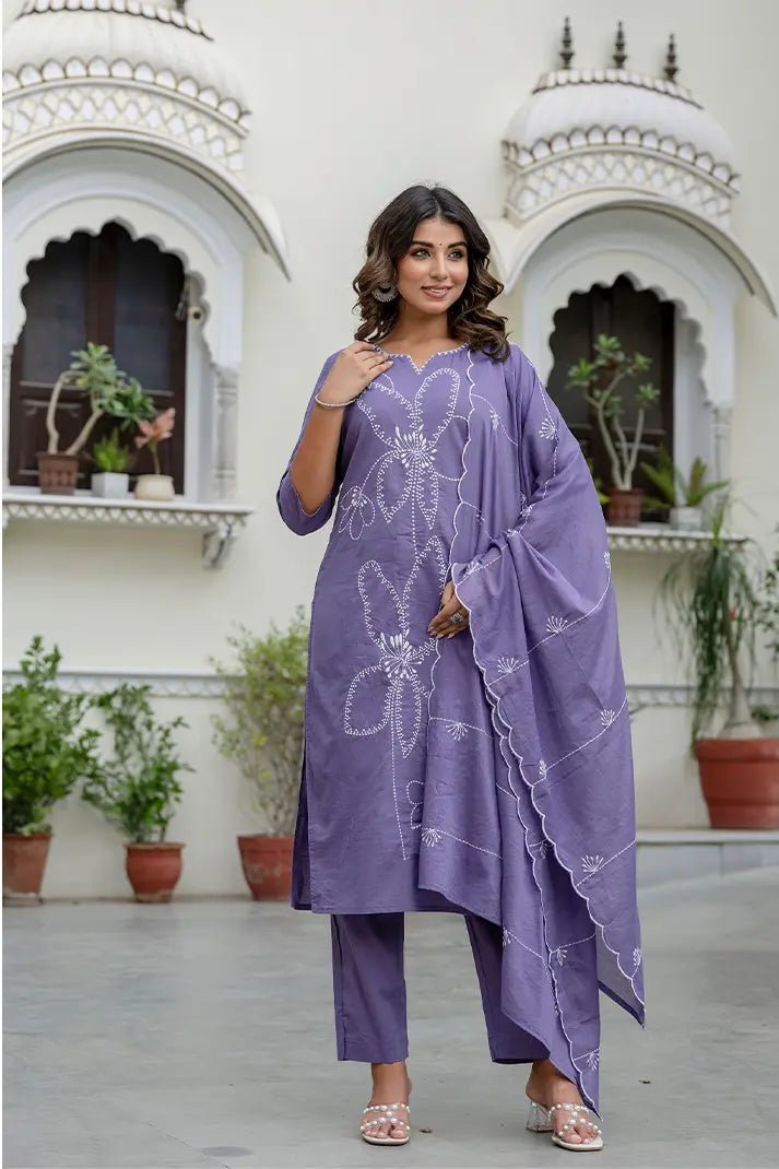 Lavender Hand - Embroidered Cotton Kurta Set with Matching Dupatta – 3 Piece Set - Qurbat