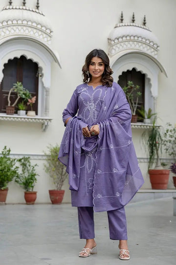 Lavender Hand - Embroidered Cotton Kurta Set with Matching Dupatta – 3 Piece Set - Qurbat