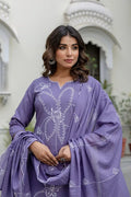 Lavender Hand - Embroidered Cotton Kurta Set with Matching Dupatta – 3 Piece Set - Qurbat