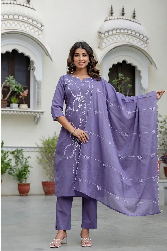 Lavender Hand - Embroidered Cotton Kurta Set with Matching Dupatta – 3 Piece Set - Qurbat