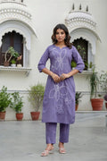 Lavender Hand - Embroidered Cotton Kurta Set with Matching Dupatta – 3 Piece Set - Qurbat
