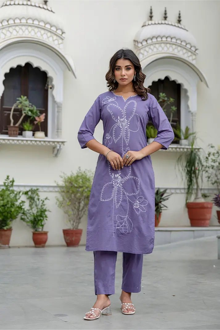 Lavender Hand - Embroidered Cotton Kurta Set with Matching Dupatta – 3 Piece Set - Qurbat