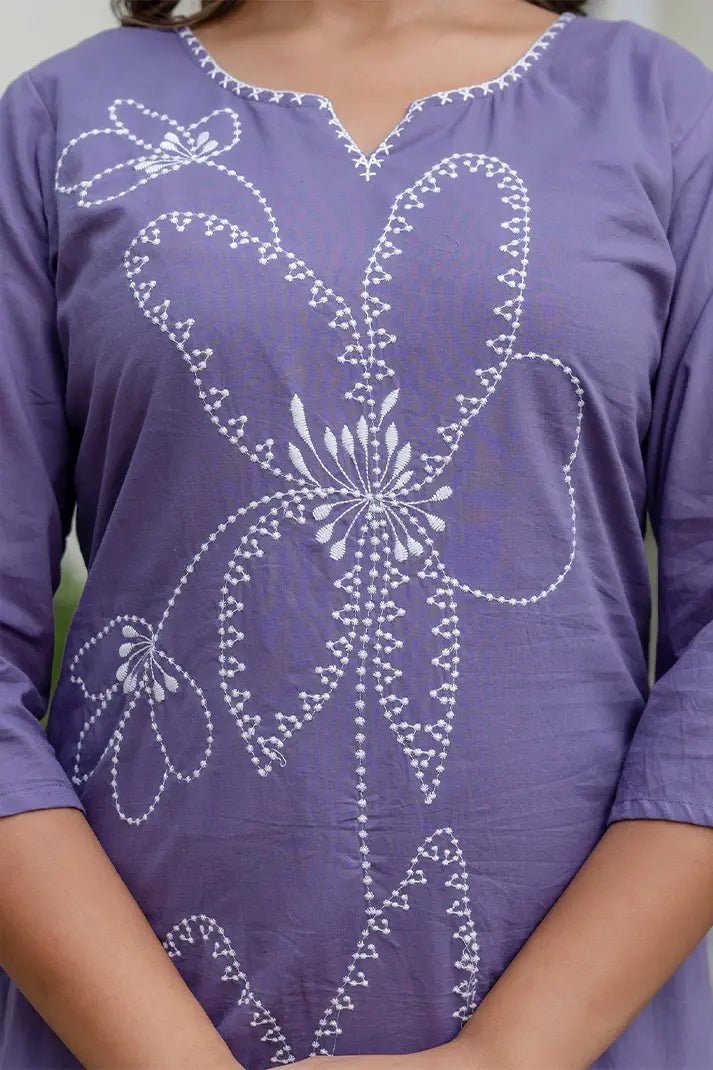 Lavender Hand - Embroidered Cotton Kurta Set with Matching Dupatta – 3 Piece Set - Qurbat