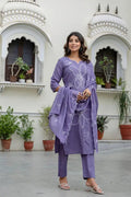 Lavender Hand - Embroidered Cotton Kurta Set with Matching Dupatta – 3 Piece Set - Qurbat