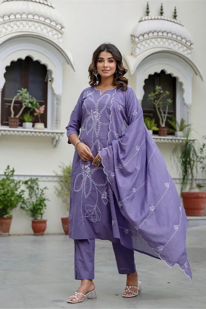 Lavender Hand - Embroidered Cotton Kurta Set with Matching Dupatta – 3 Piece Set - Qurbat