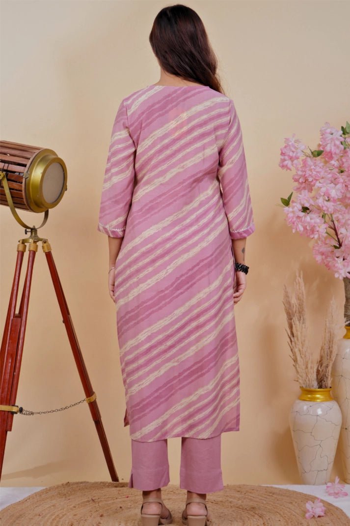 Lavender Striped Embroidered Kurta Set - Qurbat