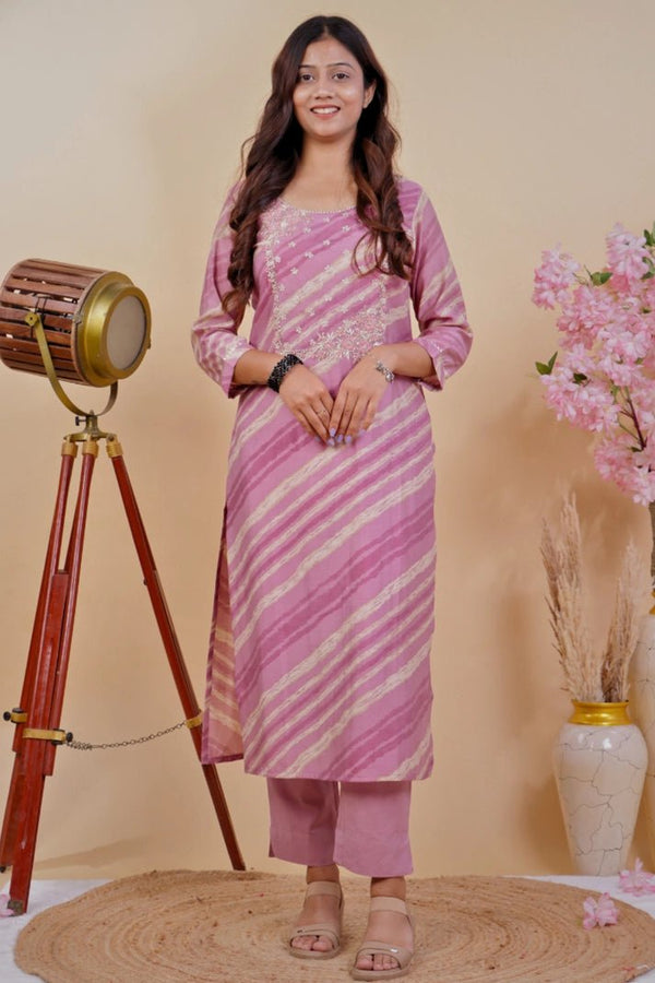 Lavender Striped Embroidered Kurta Set