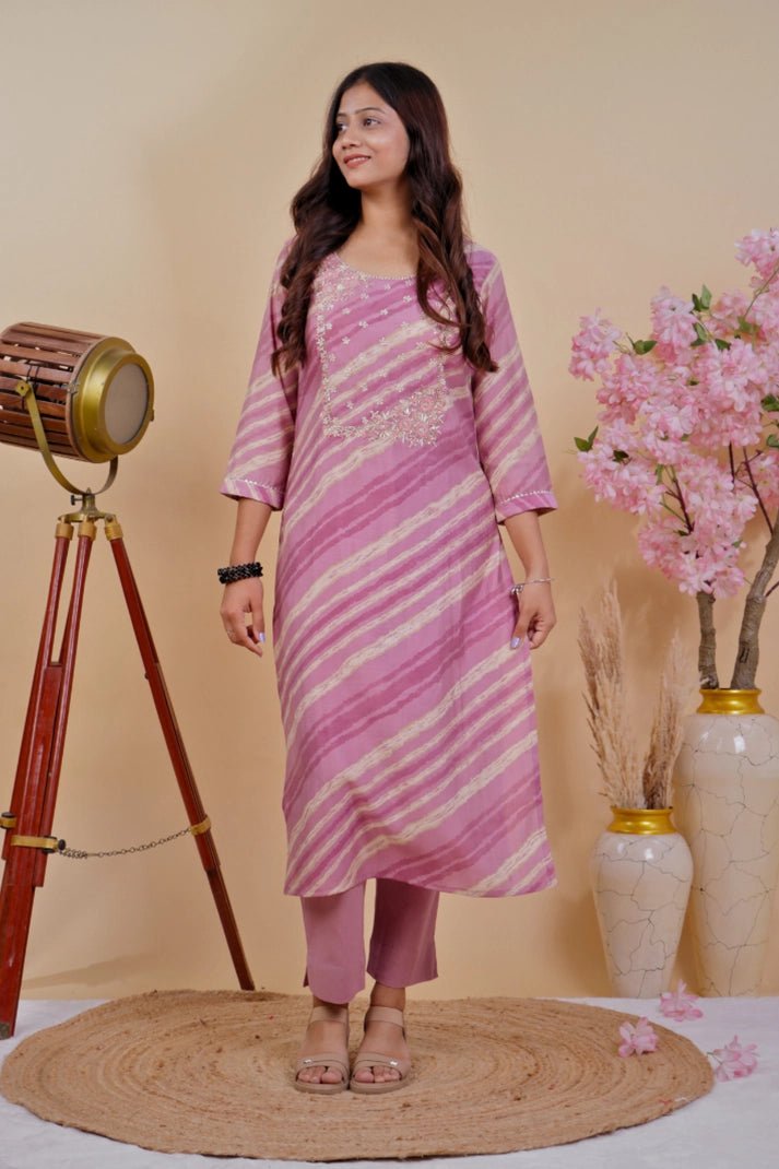 Lavender Striped Embroidered Kurta Set - Qurbat