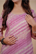Lavender Striped Embroidered Kurta Set - Qurbat