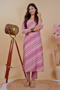 Lavender Striped Embroidered Kurta Set - Qurbat