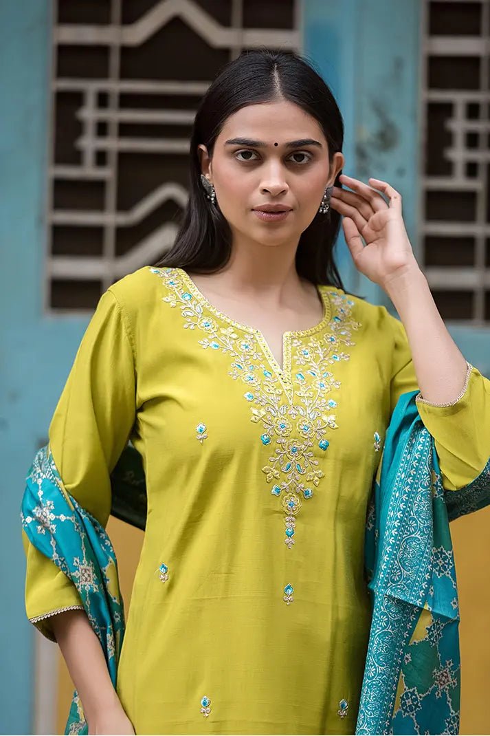 Lime Green Embroidered Kurta Set with Teal Blue Dupatta – 3 Piece Festive Cotton Ensemble - Qurbat