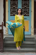 Lime Green Embroidered Kurta Set with Teal Blue Dupatta – 3 Piece Festive Cotton Ensemble - Qurbat