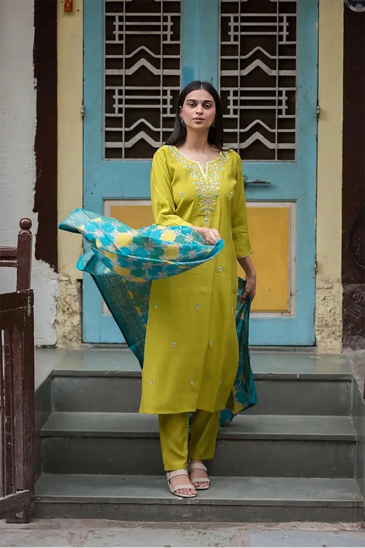 Lime Green Embroidered Kurta Set with Teal Blue Dupatta – 3 Piece Festive Cotton Ensemble - Qurbat