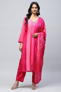 Magenta Digital Print Suit Set for Women with Hand Embroidery on Neck – Chic & Traditional - Qurbat