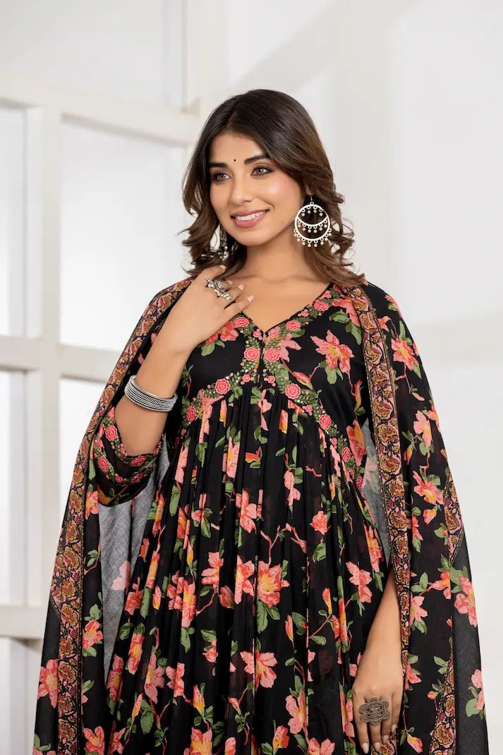 Midnight Floral Print Anarkali Suit Set - Qurbat