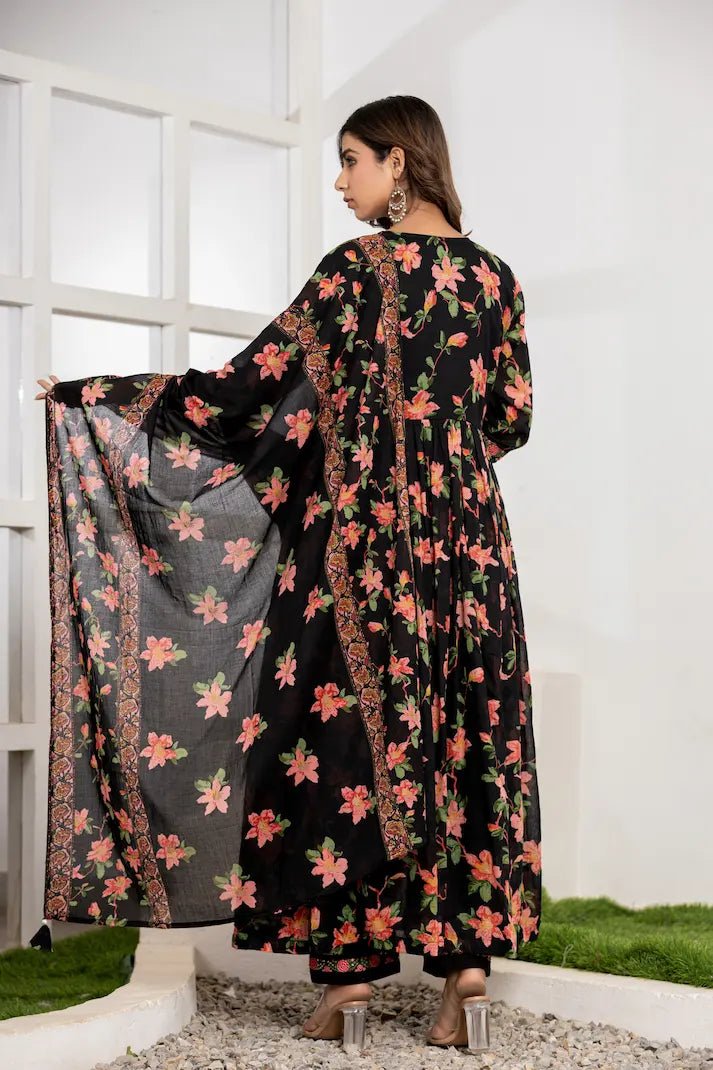 Midnight Floral Print Anarkali Suit Set - Qurbat