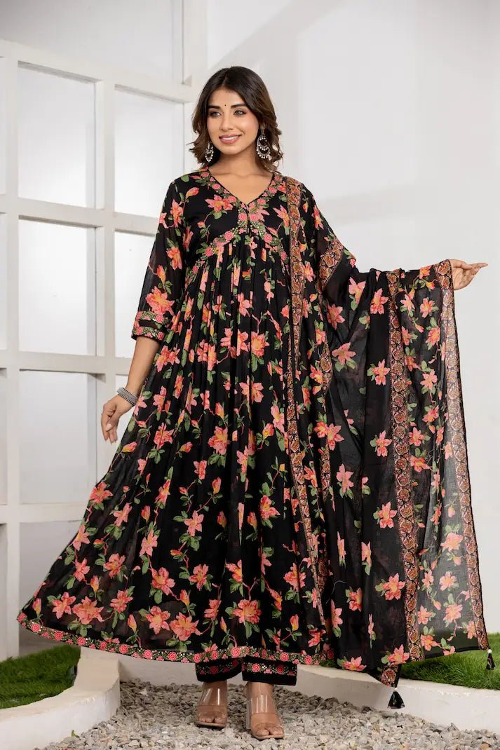 Midnight Floral Print Anarkali Suit Set - Qurbat
