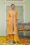 Mustard Chanderi Silk Floral Printed Shrug Set