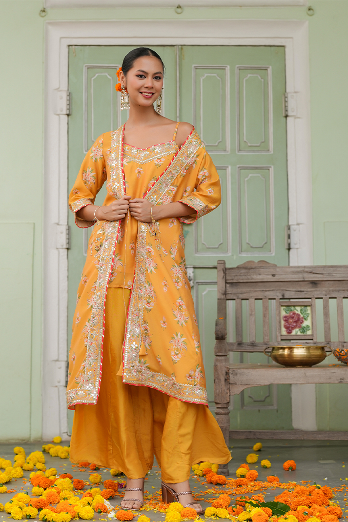 Mustard Chanderi Silk Floral Printed Shrug Set